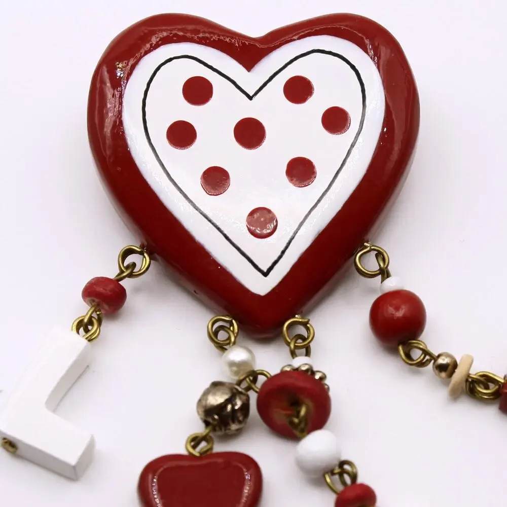 Vintage Red White Heart Dangle Pin Brooch LOVE Letters Valentine Kitsch Hey Viv